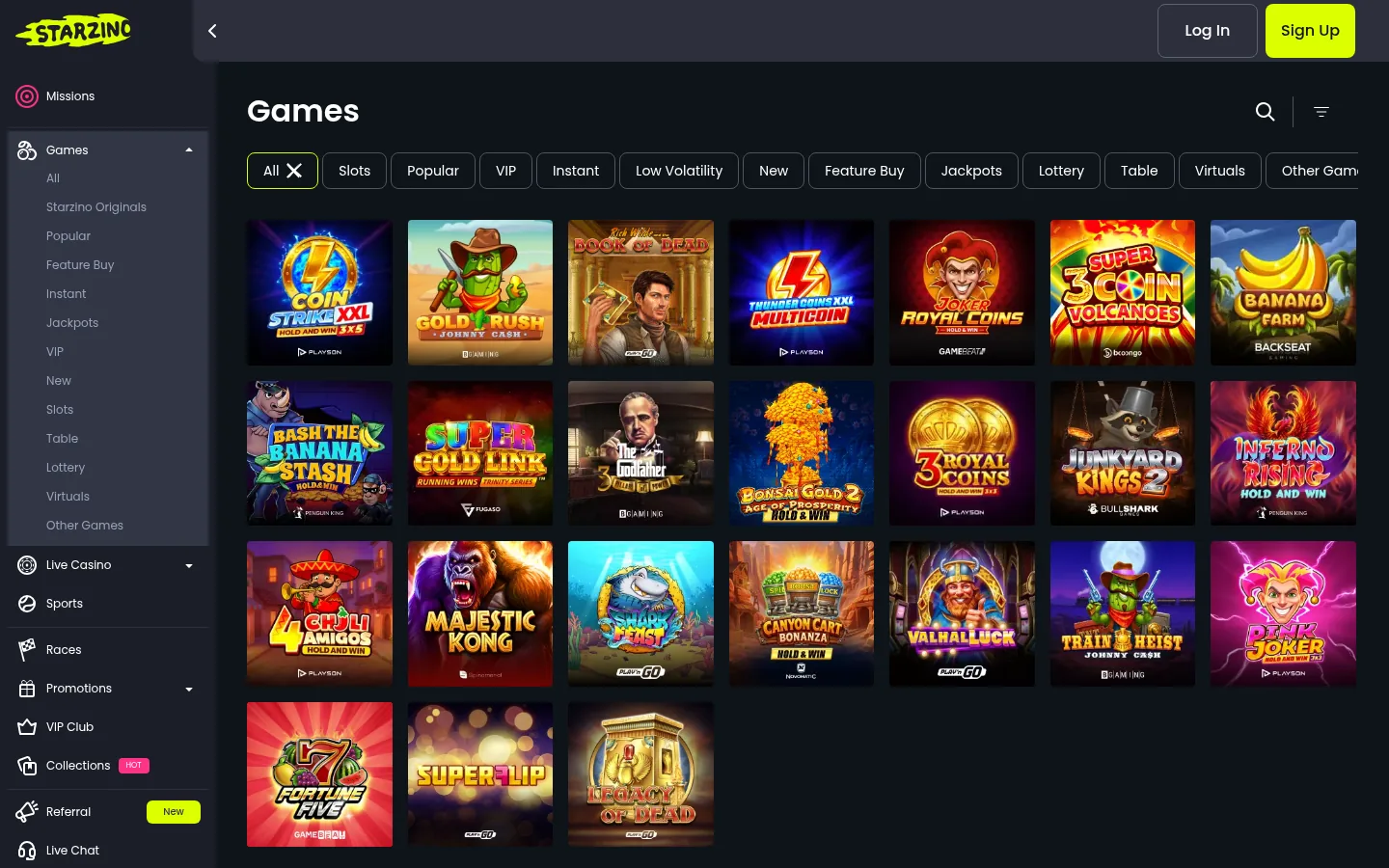 De casinolobby van Starzino met de spelcategorieën